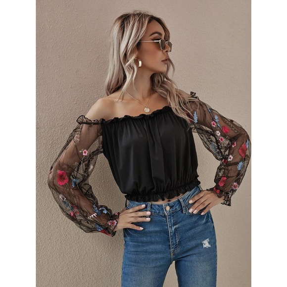 off the shoulder long sleeve sheer Flower Mesh Embroidered Sleeve black Top - Picture 4 of 7